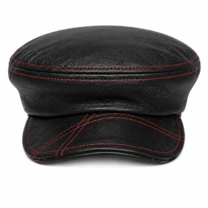 Casquette cuir noir surpiqûres rouges SEON – Pièce unique fabrication française