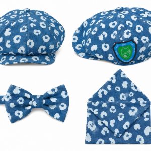 Ensemble Chapeau Oversize + Nœud Papillon + Pochette MIKA LEOPARD INDIGO 1912 – Coton Fabriqué en France